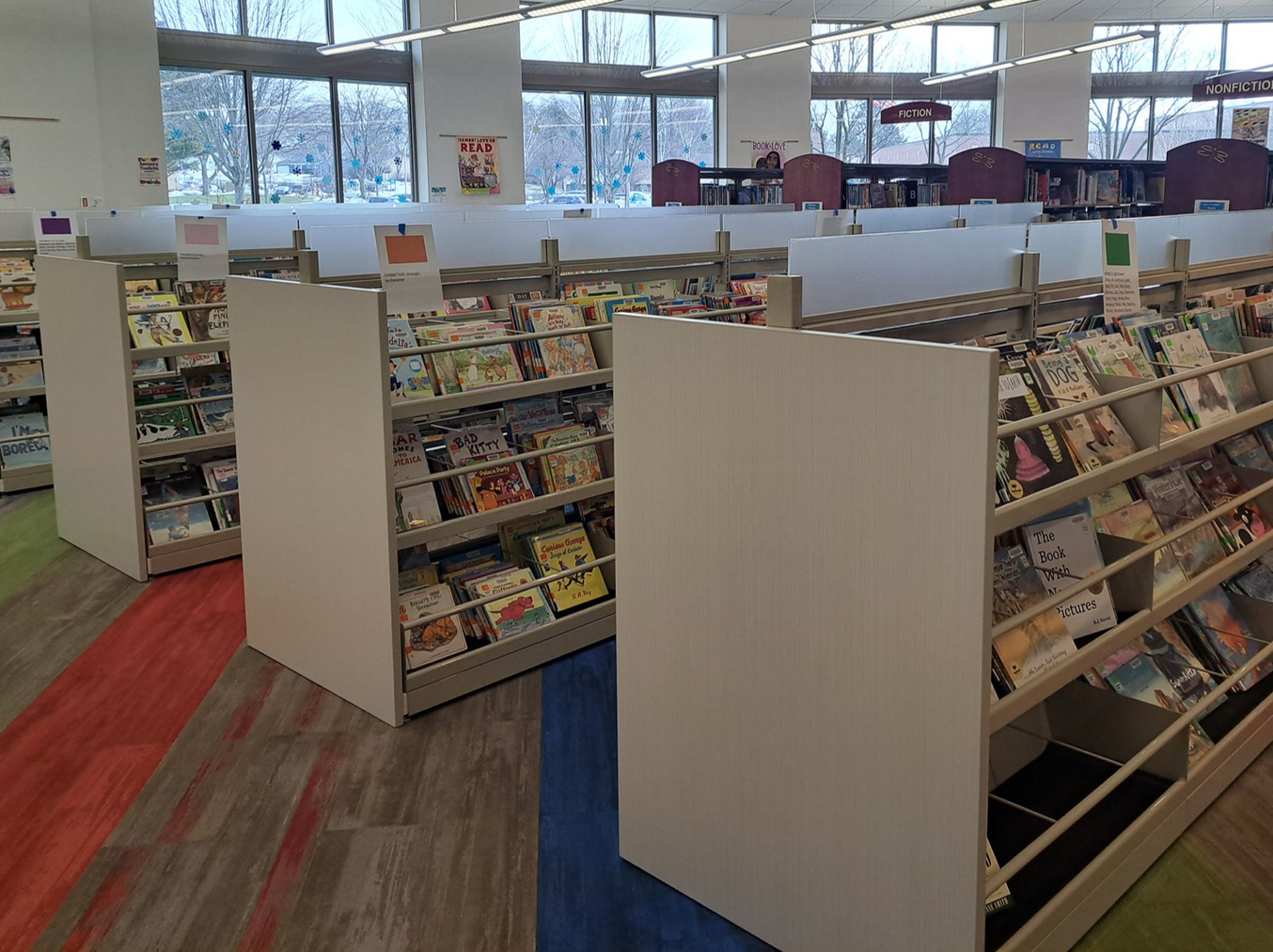 Picture of children's area with new picture book shelving